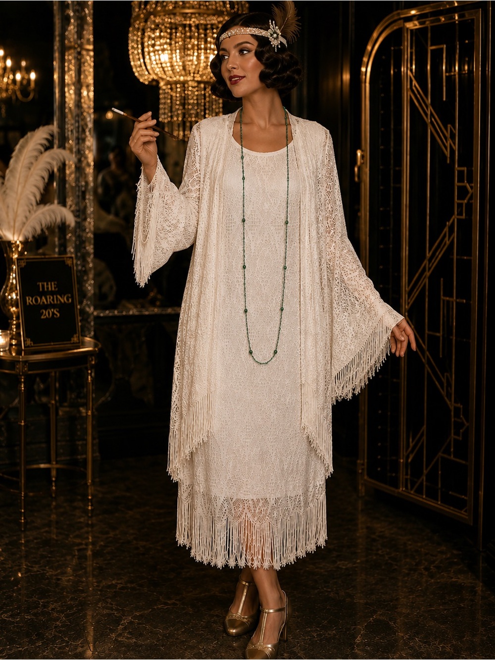 Asymmetrical Cream Fringe Lace Dress with Shawl